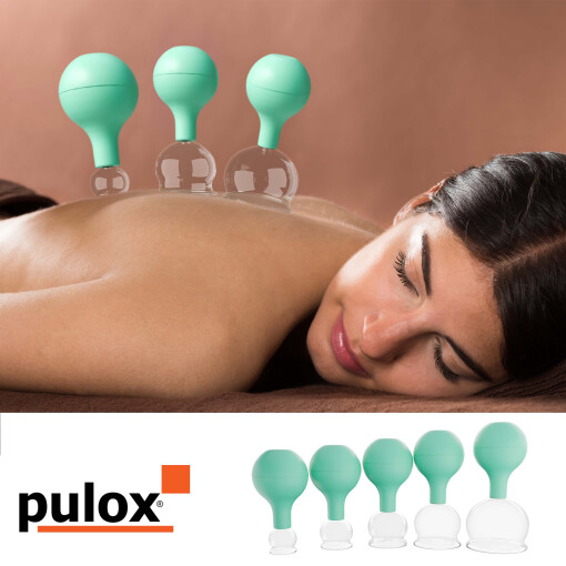 Pulox Schröpfgläser Set aus Echtglas - 3 Stück mit Saugball in Grün - 40mm, 52mm, 62mm