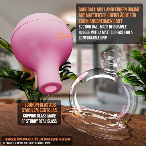 Pulox Schröpfglas aus Echtglas mit Saugball in Pink, 32mm - Profi-Schröpfgläser für Therapie und Massage