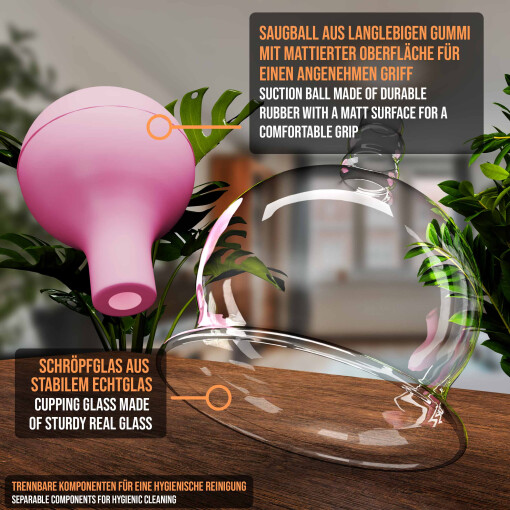 Pulox Schröpfglas aus Echtglas mit Saugball in Pink, 52mm - Profi-Schröpfgläser für Therapie und Massage