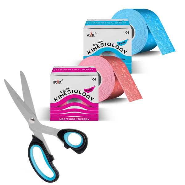 Set of 2 1x blue 1x pink NASARA kinesiology tape with scissors