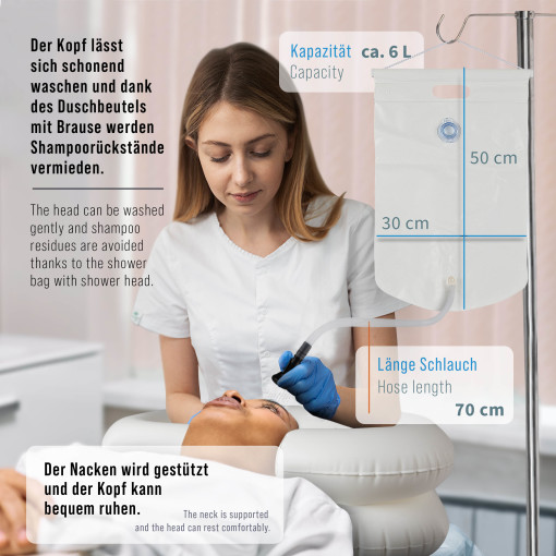 Pulox Haarwaschbecken - Mobile, aufblasbare Patientendusche mit Duschbeutel und Handbrause