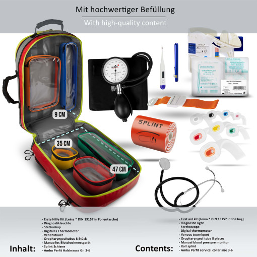 Pulox Erste Hilfe Rucksack - Großer Notfallrucksack in Rot aus stabiler Plane mit Füllung Advance