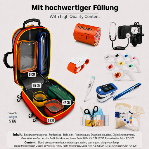 Pulox Erste Hilfe Rucksack - Großer Notfallrucksack in Rot mit Füllung Advance & Pulsoximeter PO-200