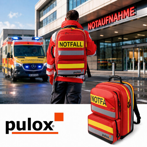 Pulox Erste Hilfe Rucksack - Großer Notfallrucksack in Rot mit Füllung Advance & Pulsoximeter PO-200