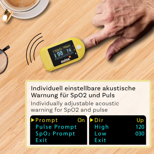 Pulox PO-200A Solo Pulsoximeter mit Alarm und Pulston Gelb