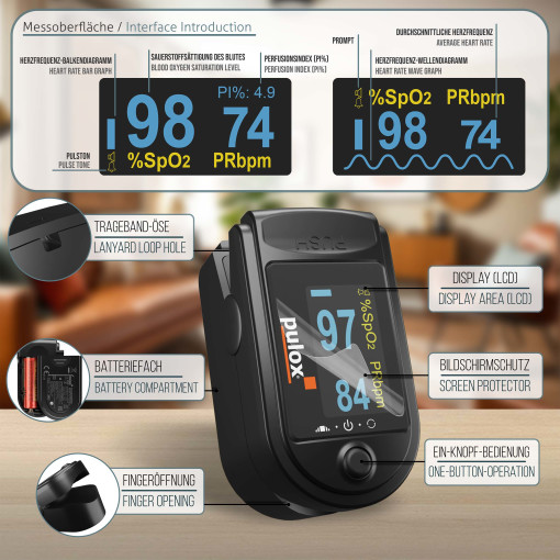 Pulox PO-200A Solo Pulsoximeter mit Alarm und Pulston Schwarz