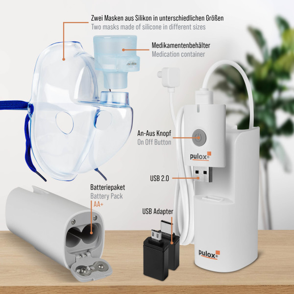 pulox IN-200 Vapo Portabler Vernebler Nebulizer Zerstäuber Inhalationsgerät mit Maske für Erwachsene und Kinder