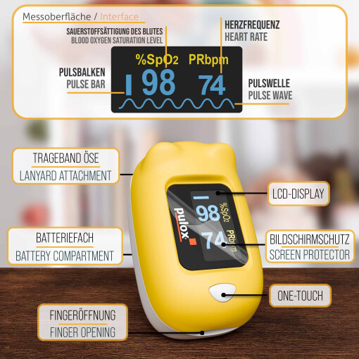 Pulox PO-230 - Finger-Pulsoximeter für Kinder mit Klebestickern - Gelb