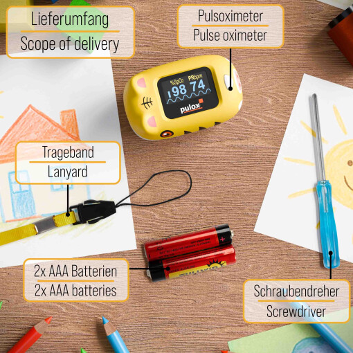 Pulox PO-230 - Finger-Pulsoximeter für Kinder mit Klebestickern - Gelb