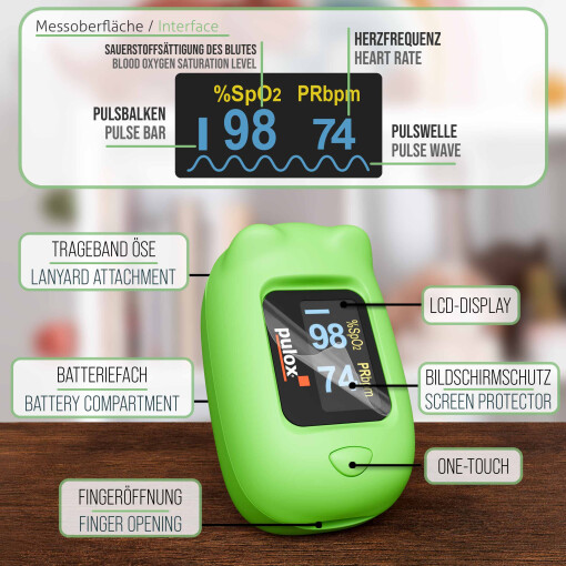 Pulox PO-230 - Finger-Pulsoximeter für Kinder mit Klebestickern - Grün