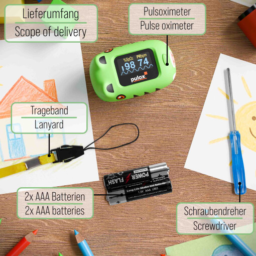 Pulox PO-230 - Finger-Pulsoximeter für Kinder mit Klebestickern - Grün