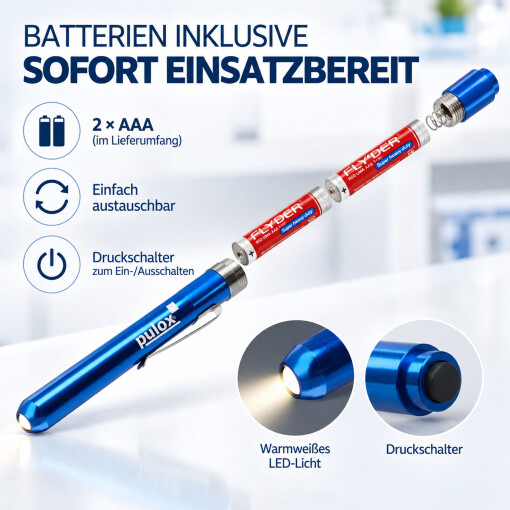 Pulox Diagnostikleuchte aus Aluminium 2er-Set - LED-Penlight mit Mess-Skala