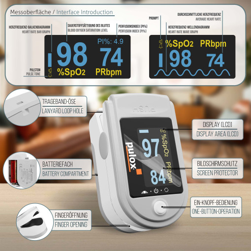 Pulsoximeter Pulox PO-200A Solo mit Alarm und Pulston Grau