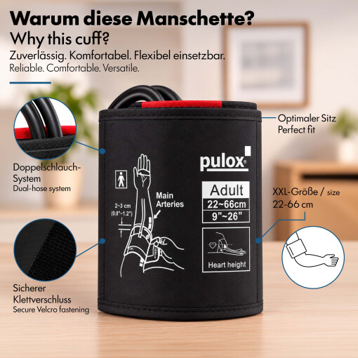 Pulox Blutdruckmanschette 22-66 cm – Universal Doppelschlauch Manschette, Extra Groß für Oberarm