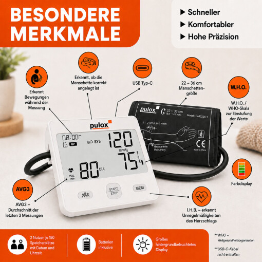 Pulox BP-200 - Automatisches Blutdruckmessgerät mit AFib-Erkennung bei Herzrhythmusstörungen und Vorhofflimmern