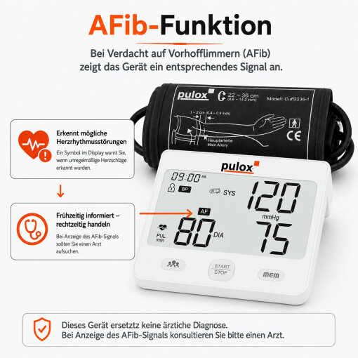 Pulox BP-200 - Automatisches Blutdruckmessgerät mit AFib-Erkennung bei Herzrhythmusstörungen und Vorhofflimmern