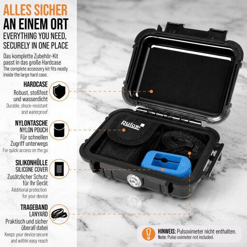 Pulox Zubehör-Kit für Pulsoximeter – Hardcase, Nylontasche, Silikonhülle & Trageband